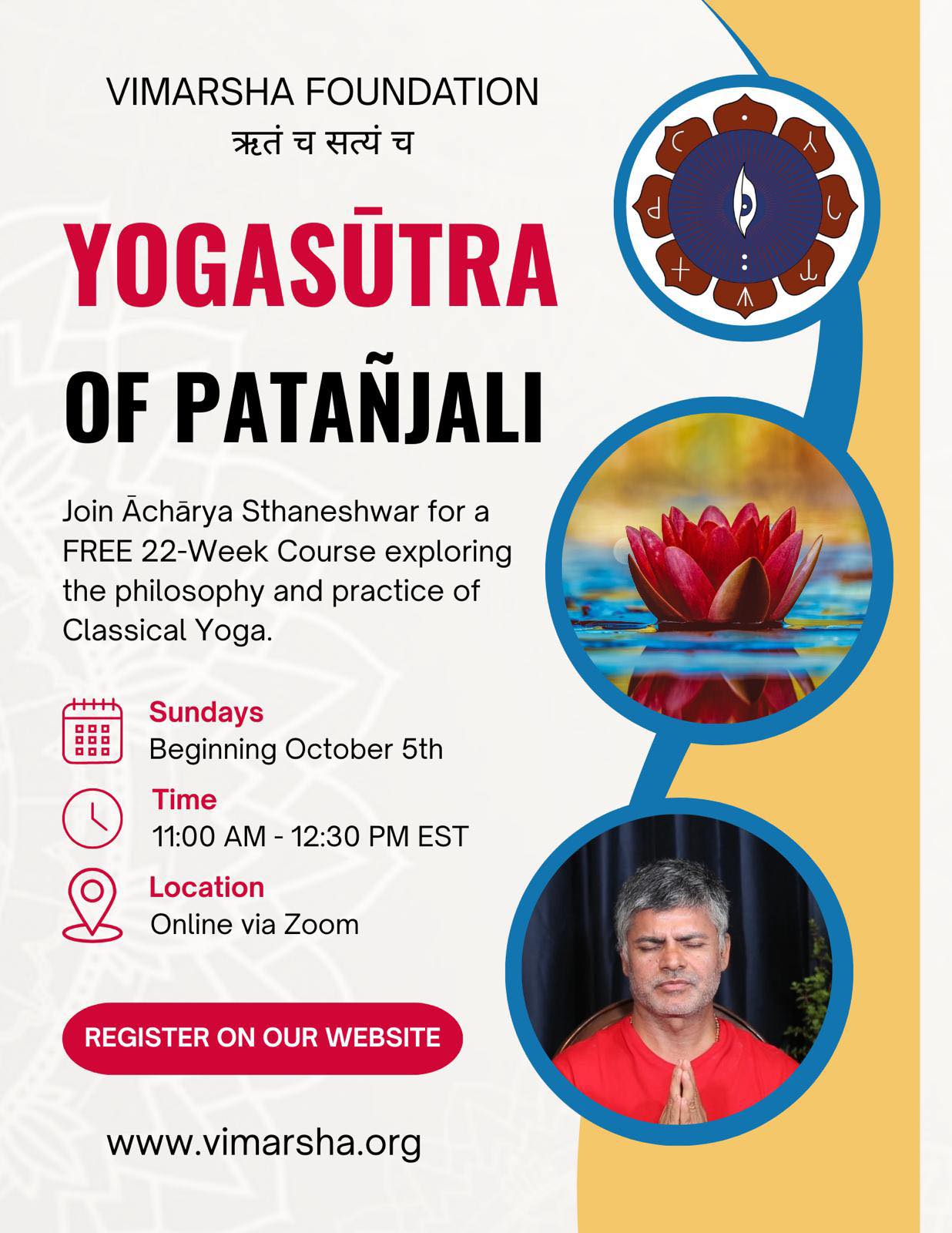 Poster for Yogasūtra of Patañjali course offered by Vimarsha Foundation